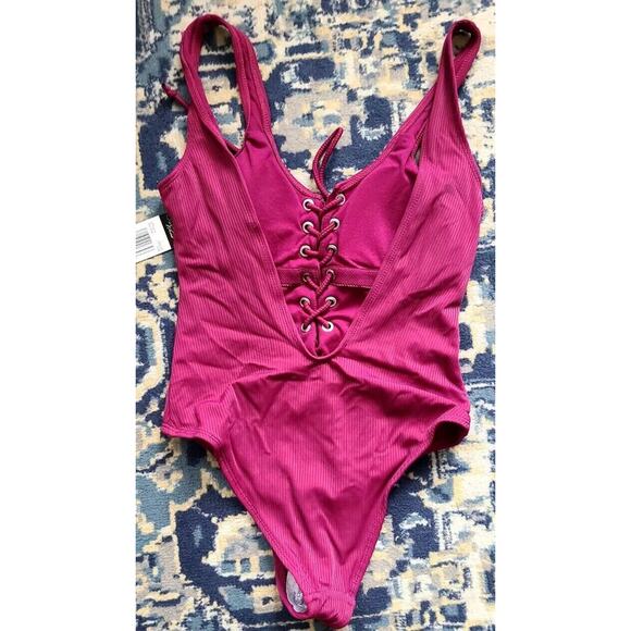 NWT California Waves Burgundy Ribbed Lace up one piece swimsuit size S Cheeky - Picture 2 of 6